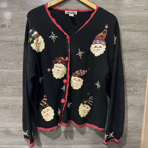 Work in Progress XL Black Christmas Sweater Ugly Large Sequins Santa - Picture 1 of 7